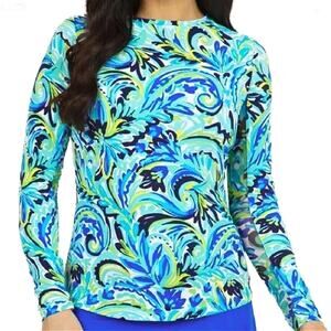 IBKUL Aubrey Crew Neck Top UPF Long Sleeve Athletic Golf Medium Aqua Blue Swirl
